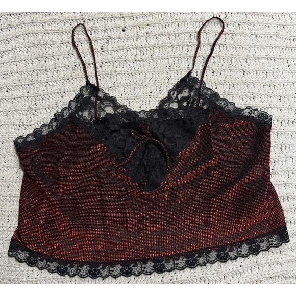 VTG Y2K Cropped Lacy Tank Top V Neck Sparkle Red Black Womens Sz Large Lingerie - Picture 1 of 8